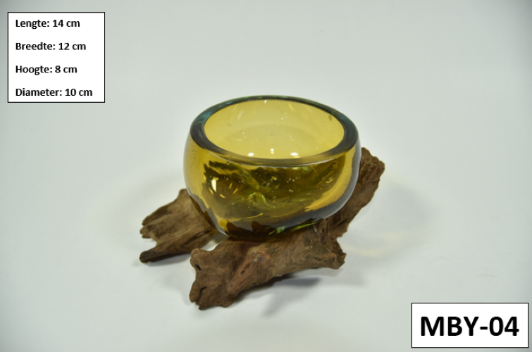 Gesmolten glas op hout - Mini Amberkleurige Kom op Hout - MGW-33 (MBY-04)