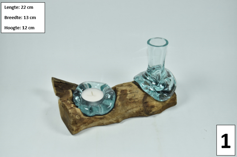 Gesmolten glas op hout - Bloemenvaas en Theelichthouder  - MGW-35 (1)