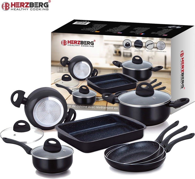 Herzberg 10-delige marmeren gecoate kook- en braadpannenset Zwart - HG-9016BLK