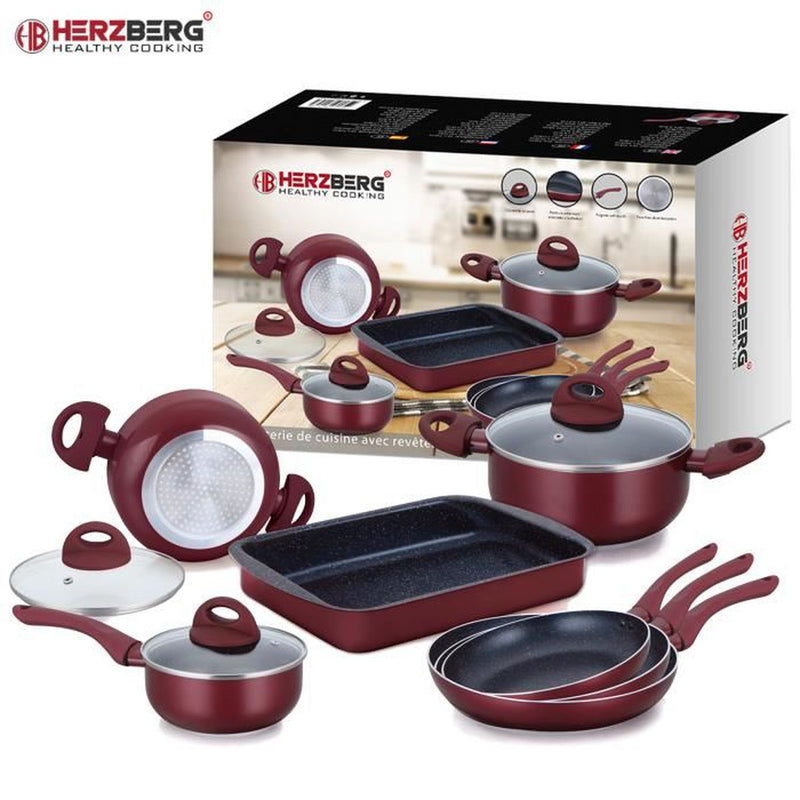 Herzberg 10-delige marmeren gecoate kook- en braadpannenset Bourgondië - HG-9016BR