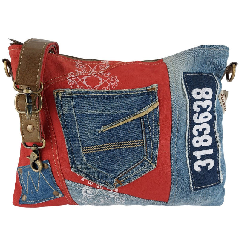 Sunsa Duurzame schoudertas - Schoudertas gemaakt van gerecyclede jeans & canvas - Handtas vintage retro stijl - Crossbodytas - 52584