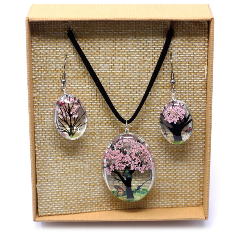 AW Gifts Sieraden met geperste bloemen - Levensboom set - Roze - PFJ-02