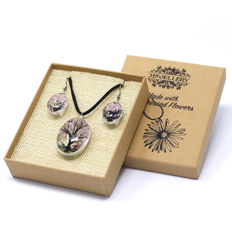 AW Gifts Sieraden met geperste bloemen - Levensboom set - Roze - PFJ-02
