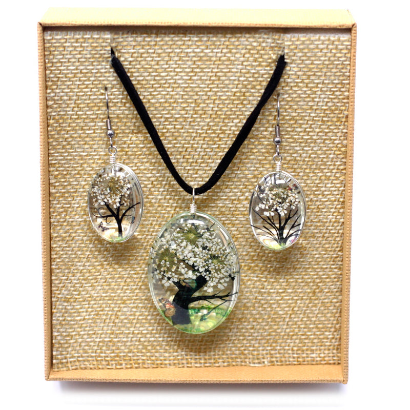 AW Gifts Sieraden met geperste bloemen - Levensboom set - Wit - PFJ-04