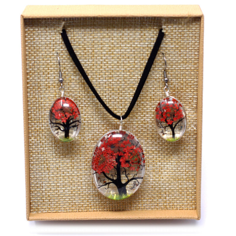 AW Gifts Sieraden met geperste bloemen - Levensboom set - Koraal - PFJ-06
