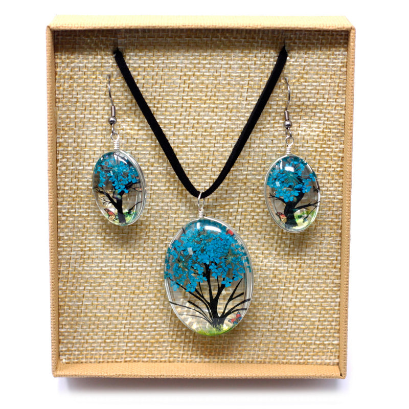 AW Gifts Sieraden met geperste bloemen - Levensboom set - Teal - PFJ-07