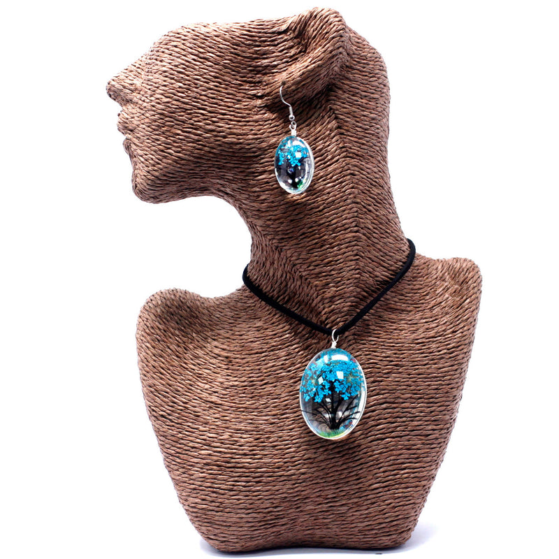 AW Gifts Sieraden met geperste bloemen - Levensboom set - Teal - PFJ-07