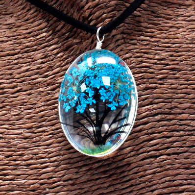 AW Gifts Sieraden met geperste bloemen - Levensboom set - Teal - PFJ-07