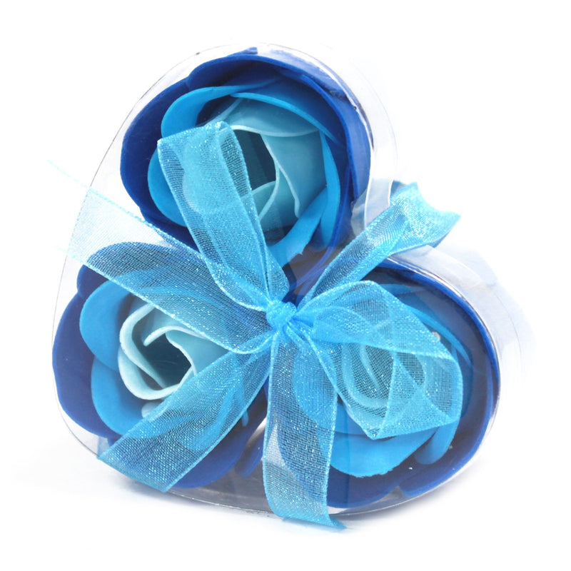 AW Gifts Set van 3 Zeep Rozen in Hartvormige Kado Verpakking - Blauwe Bruiloft Rozen - LSF-16