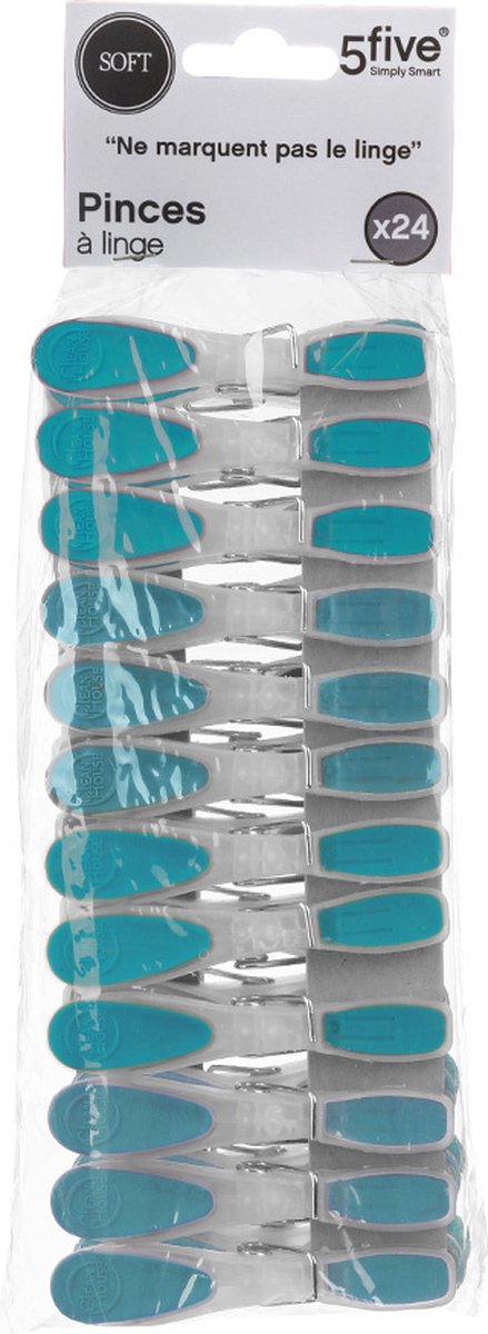 5Five Wasknijpers kunststof soft grip 24 stuks - grijs-blauw - 117292