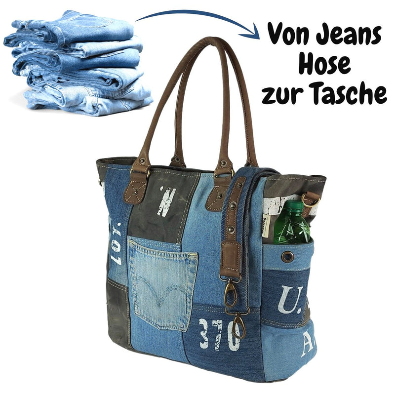 Sunsa Duurzame Dameshandtas - Schoudertas gemaakt van gerecyclede jeans, canvas & leer - Tas in vintage retro stijl - Grote shoppertas voor dames - 52672