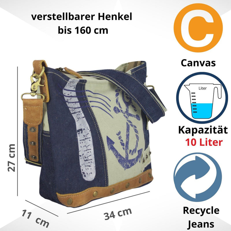 Sunsa Duurzame schoudertas voor dames - Schoudertas gemaakt van gerecycleerde jeans & canvas - Handtas vintage retro stijl - Crossbodytas voor dames - 52252