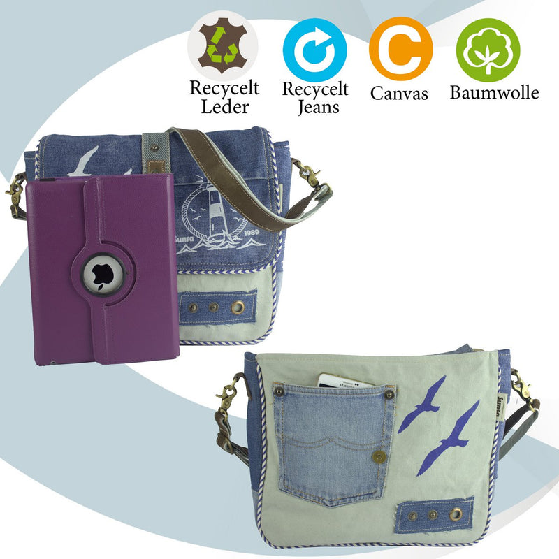 Sunsa Duurzame Messenger Bag voor dames - Handtas gemaakt van gerecycleerde jeans & canvas - Schoudertas in koeriersvorm- Vintage stijl - Grote crossbodytas voor dames in maritieme stijl - 52447