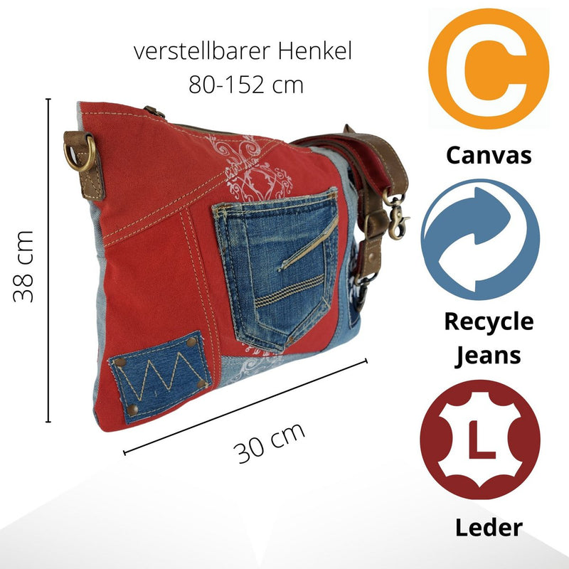 Sunsa Duurzame schoudertas - Schoudertas gemaakt van gerecyclede jeans & canvas - Handtas vintage retro stijl - Crossbodytas - 52584