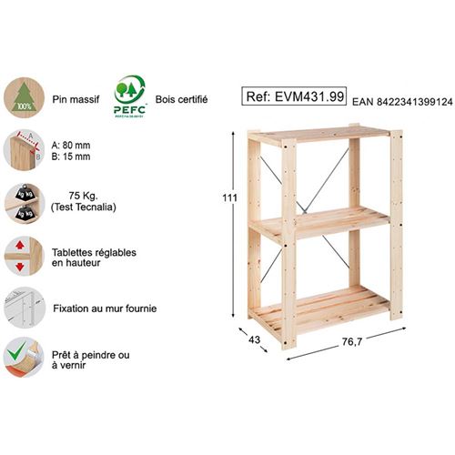 Astigarraga Houten Stapelrek - opbergrek Evolution3 Pijnboom - 111 x 76.7 x 43 cm - 3 legborden - HEVM431.99