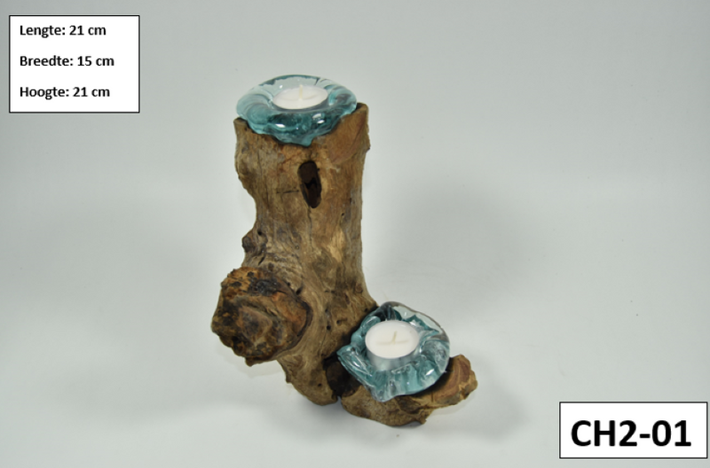 Gesmolten glas op hout - Dubbel Theelichthouder - Dubbele Kaarshouder - MGW-25 (CH2-01)
