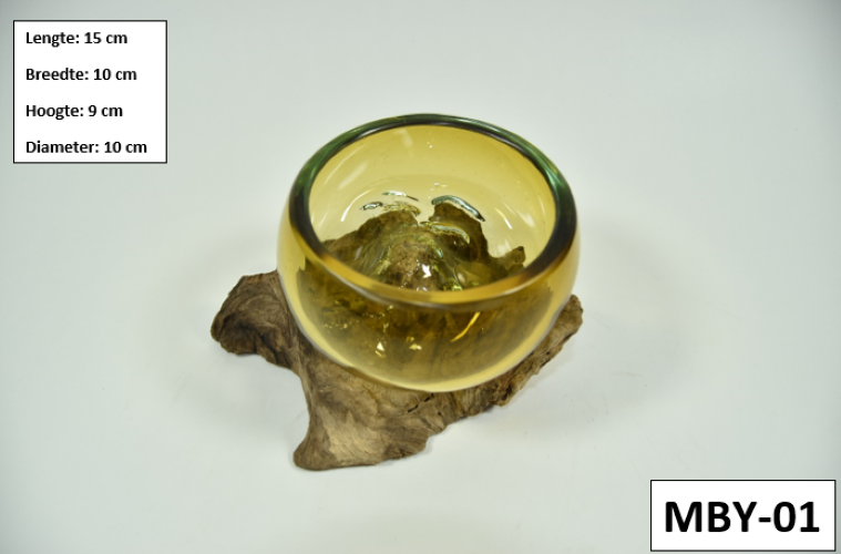 Gesmolten glas op hout - Mini Amberkleurige Kom op Hout - MGW-33 (MBY-01)