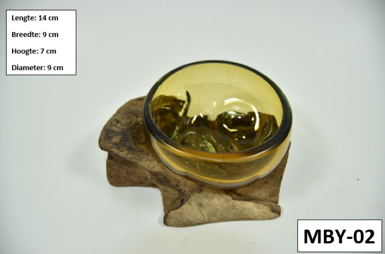Gesmolten glas op hout - Mini Amberkleurige Kom op Hout - MGW-33 (MGY-02)