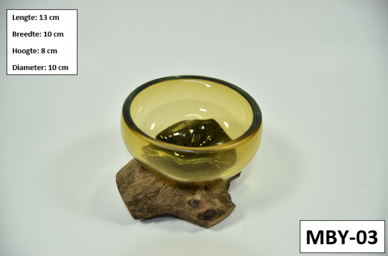 Gesmolten glas op hout - Mini Amberkleurige Kom op Hout - MGW-33 (MGY-03)