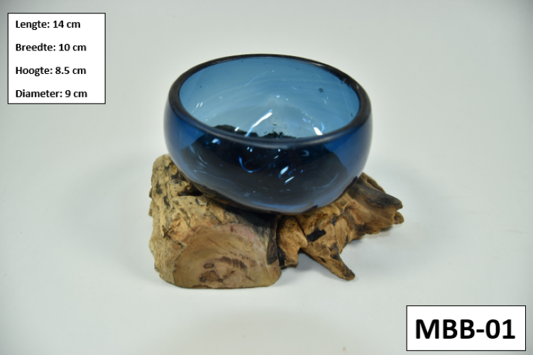Gesmolten glas op hout - Mini Blauwe Kom op Hout - MGW-34 (MBB-01)