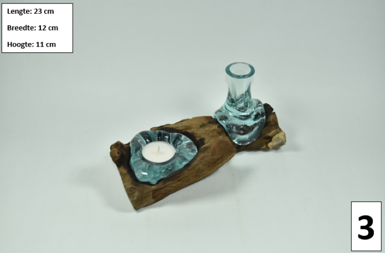 Gesmolten glas op hout - Bloemenvaas en Theelichthouder  - MGW-35 (3)