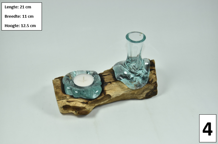 Gesmolten glas op hout - Bloemenvaas en Theelichthouder  - MGW-35 (4)