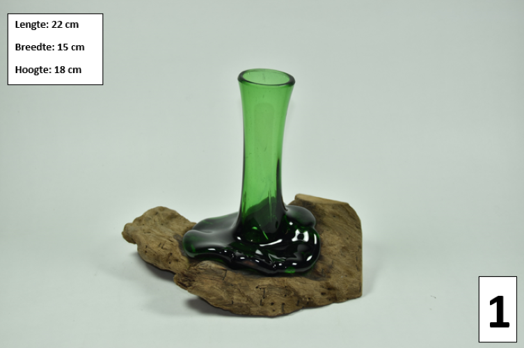 Gesmolten glas op hout - Bloemenvaas - gerecycleerde bierflessen - RBB-06 (1)