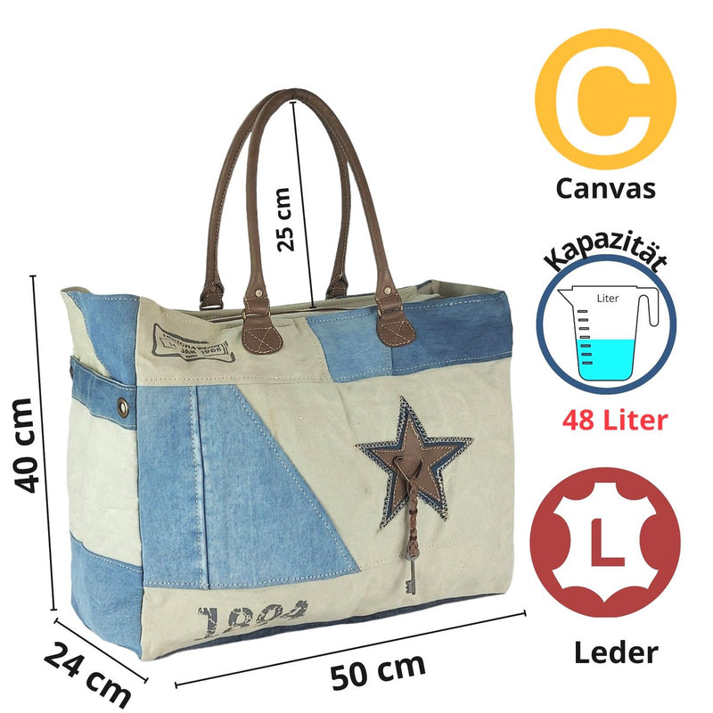 Sunsa Vintage weekendtas XXL - badtas/sporttas shopper - Handtas gemaakt van gerecyclede jeans & canvas - Duurzame schoudertas - 51724