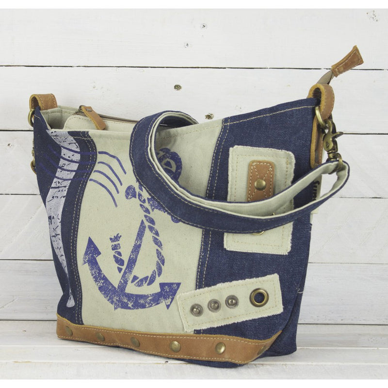 Sunsa Duurzame schoudertas voor dames - Schoudertas gemaakt van gerecycleerde jeans & canvas - Handtas vintage retro stijl - Crossbodytas voor dames - 52252