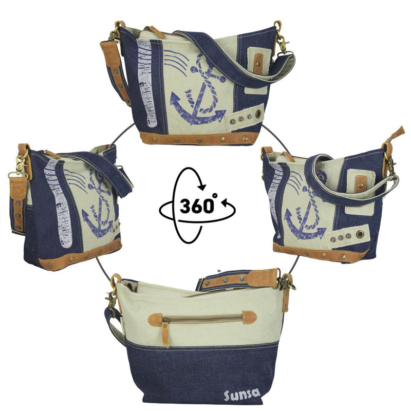 Sunsa Duurzame schoudertas voor dames - Schoudertas gemaakt van gerecycleerde jeans & canvas - Handtas vintage retro stijl - Crossbodytas voor dames - 52252