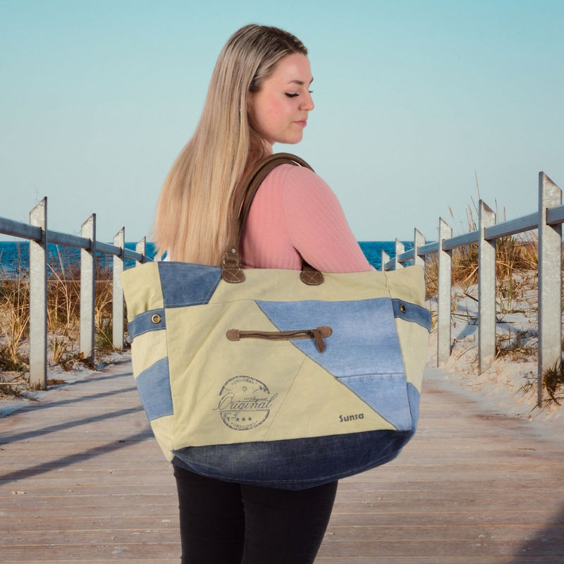 Sunsa Vintage weekendtas XXL - badtas/sporttas shopper - Handtas gemaakt van gerecyclede jeans & canvas - Duurzame schoudertas - 51724