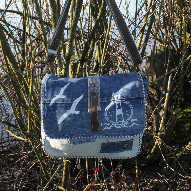 Sunsa Duurzame Messenger Bag voor dames - Handtas gemaakt van gerecycleerde jeans & canvas - Schoudertas in koeriersvorm- Vintage stijl - Grote crossbodytas voor dames in maritieme stijl - 52447
