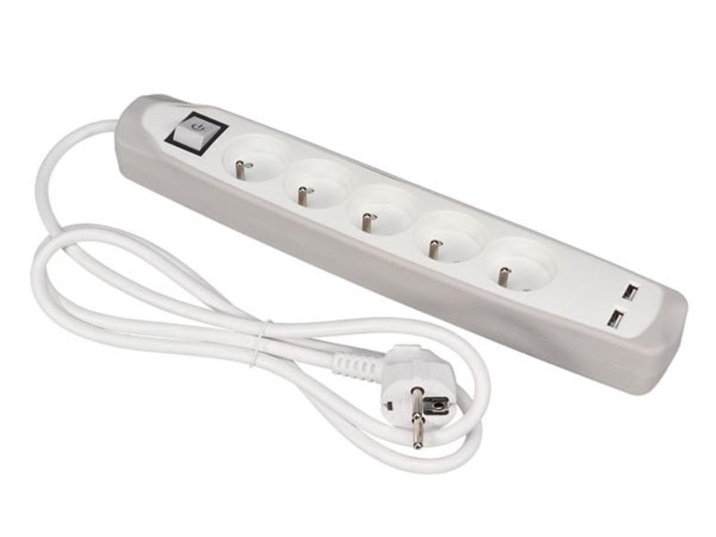Perel Stekkerdoos met schakelaar - 5 stopcontacten met penaarde - 2 USB-poorten - kabel 1.5 m - 3G1.5 - wit - EW5CGUSB