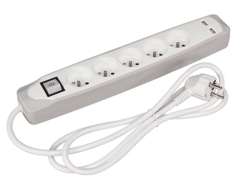 Perel Stekkerdoos met schakelaar - 5 stopcontacten met penaarde - 2 USB-poorten - kabel 1.5 m - 3G1.5 - wit - EW5CGUSB