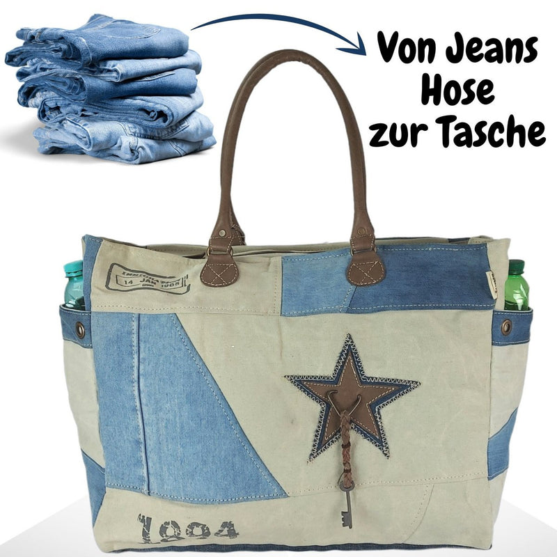 Sunsa Vintage weekendtas XXL - badtas/sporttas shopper - Handtas gemaakt van gerecyclede jeans & canvas - Duurzame schoudertas - 51724