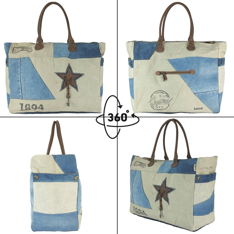 Sunsa Vintage weekendtas XXL - badtas/sporttas shopper - Handtas gemaakt van gerecyclede jeans & canvas - Duurzame schoudertas - 51724