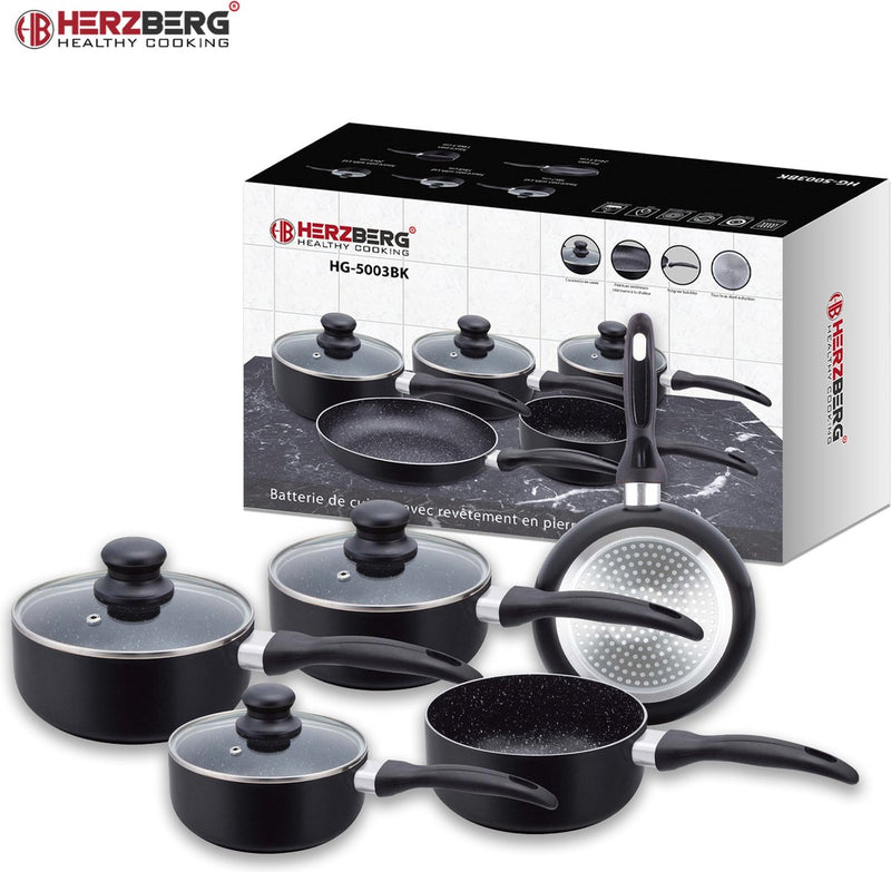 Herzberg 8-delige marmeren gecoate kook- en braadpannenset Zwart - HG-5003BK
