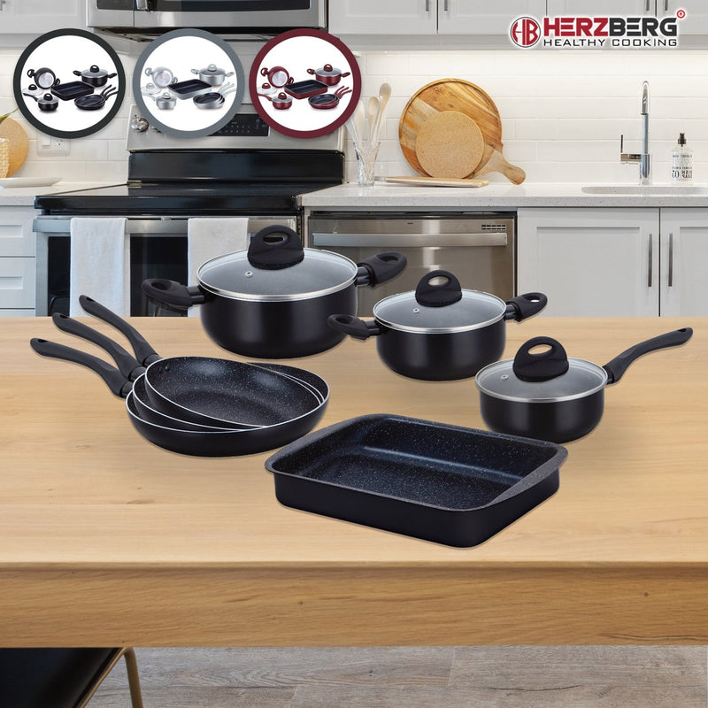 Herzberg 10-delige marmeren gecoate kook- en braadpannenset Zwart - HG-9016BLK