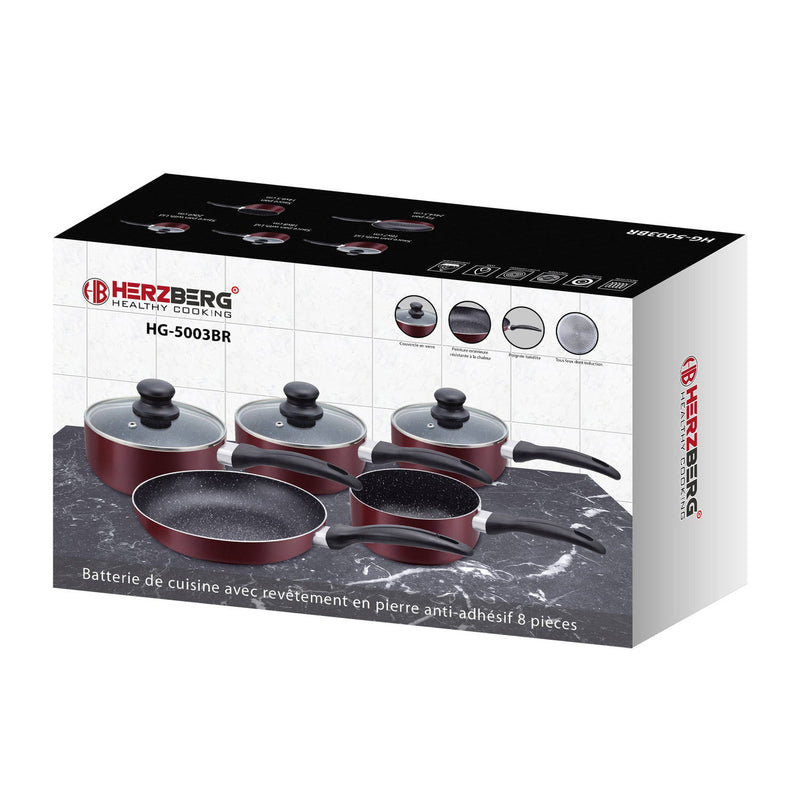 Herzberg 8-delige marmeren gecoate kook- en braadpannenset Bourgondië - HG-5003BR
