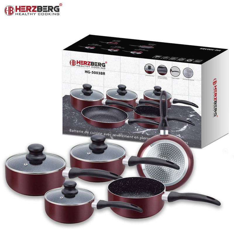 Herzberg 8-delige marmeren gecoate kook- en braadpannenset Bourgondië - HG-5003BR