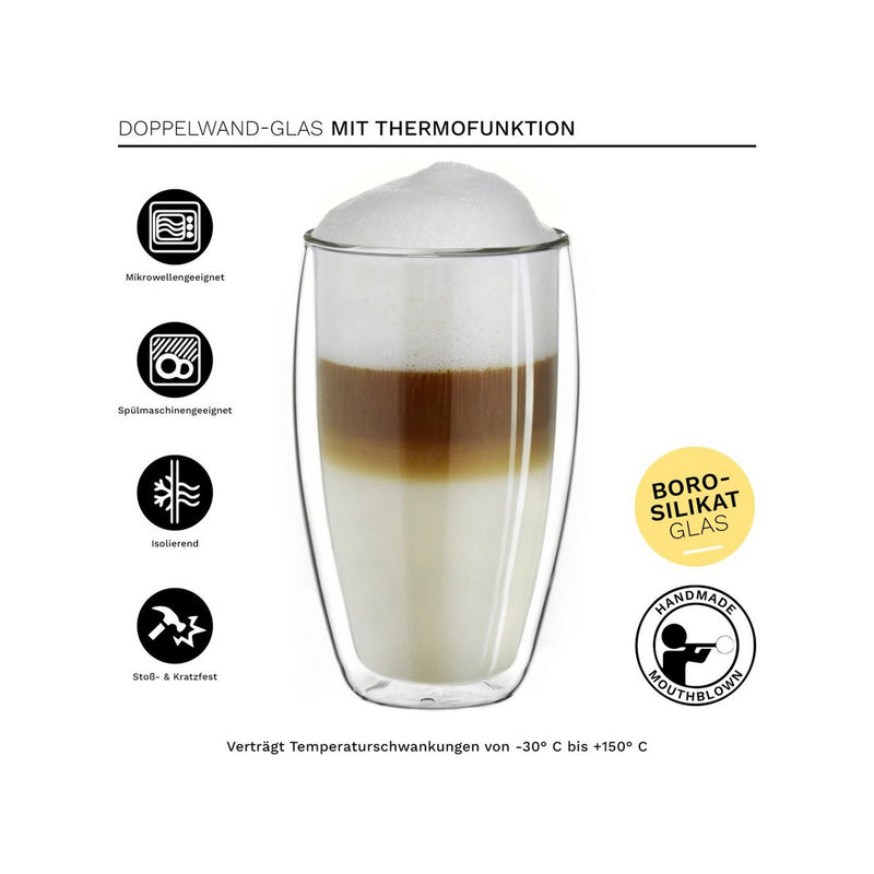 Creano Dubbelwandige Koffieglazen - theeglazen 400ml in thermisch glas - set van 4 stuks - Handgemaakt