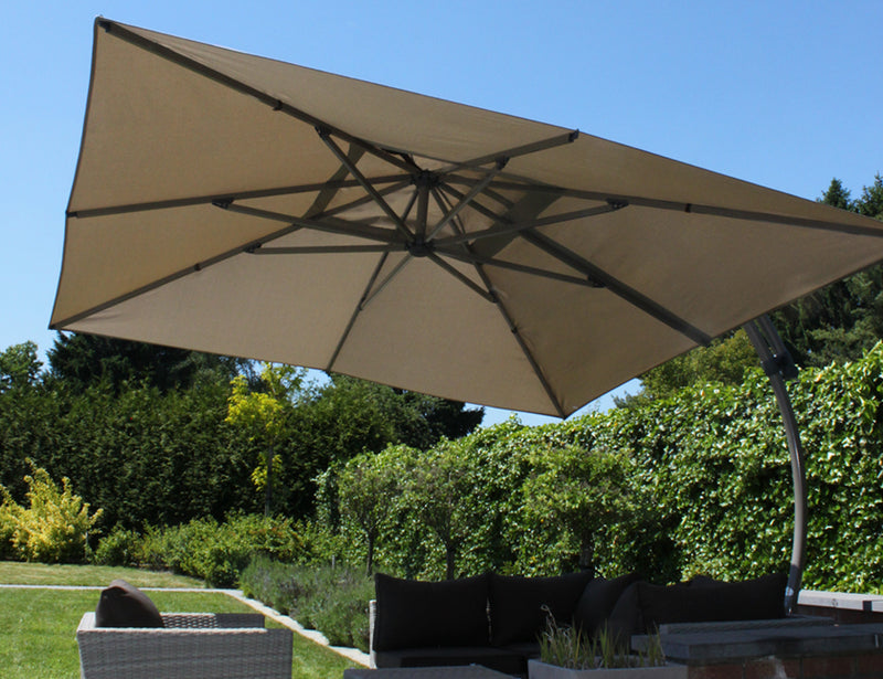 Easy Sun - Sun Garden zweefparasol vierkant 3.2 m - Olefin doek in licht taupe + voet - SG10218390