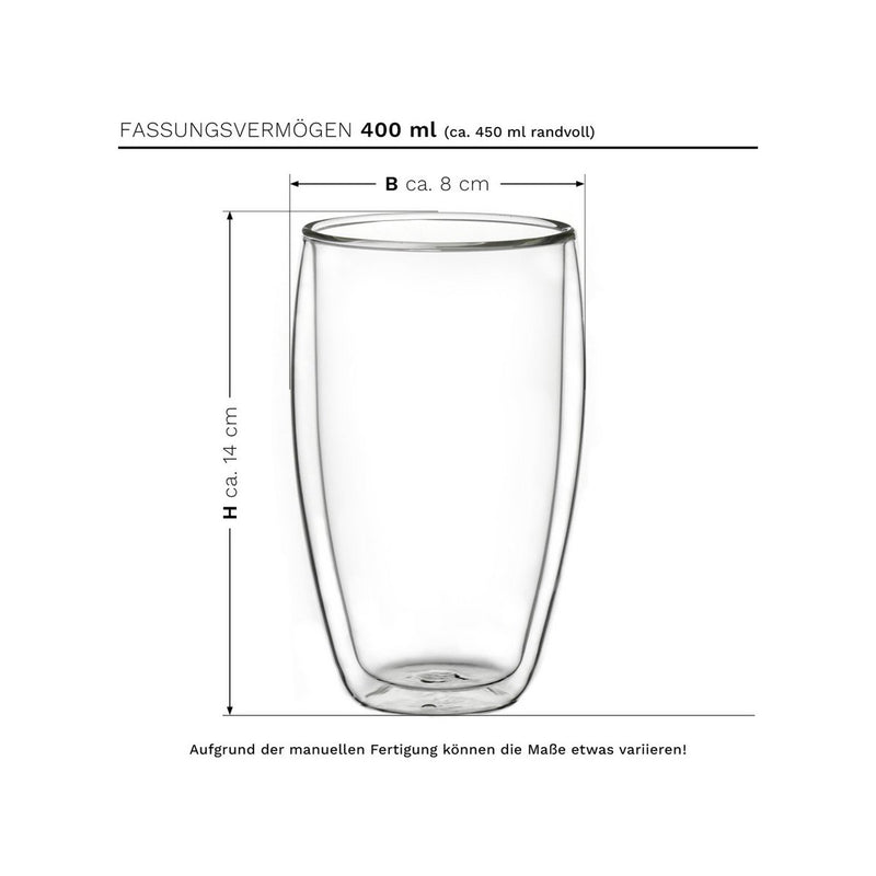 Creano Dubbelwandige Koffieglazen - theeglazen 400ml in thermisch glas - set van 4 stuks - Handgemaakt