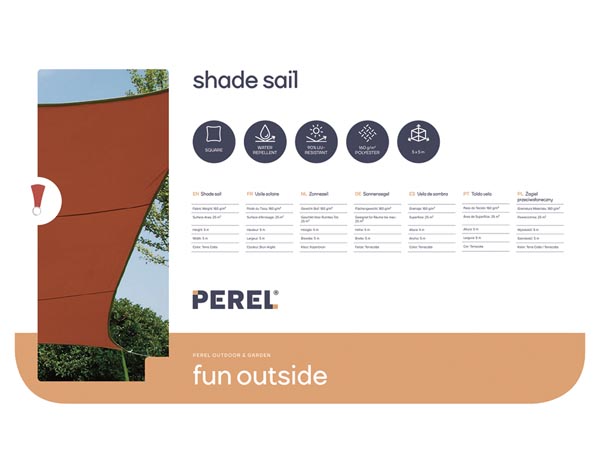 Perel Zonnezeil schaduwzeil - Vierkant - 5 x 5 m - Kleur: Terracotta - GSS4500TR