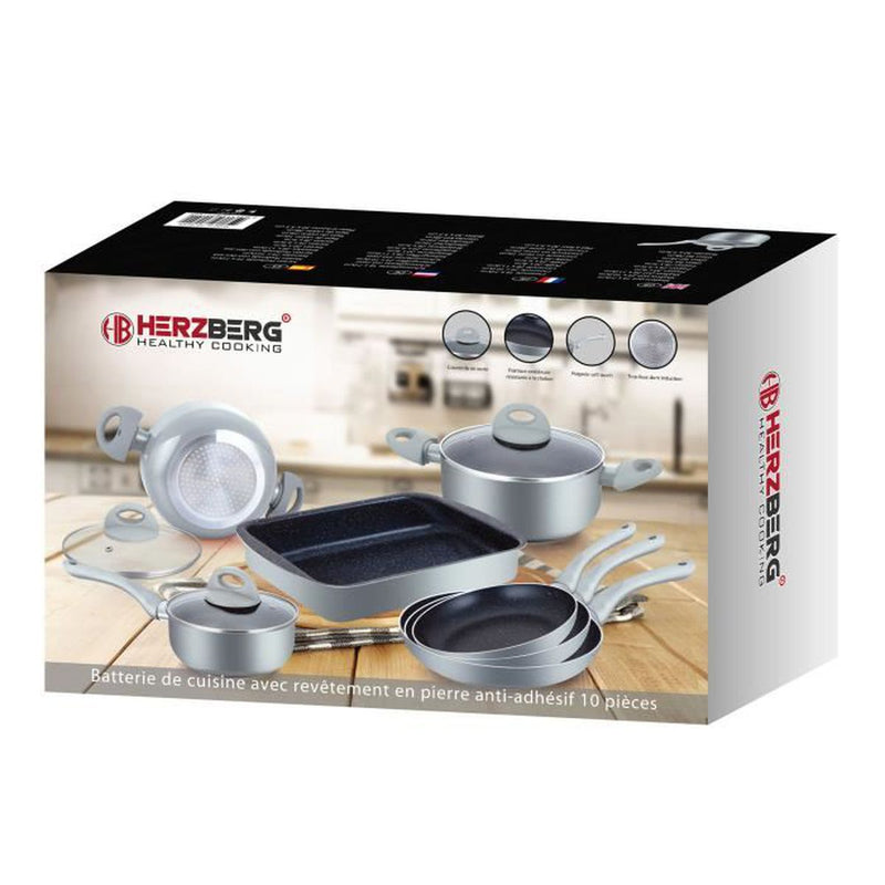 Herzberg 10-delige marmeren gecoate kook- en braadpannenset Zilver - HG-9016SL