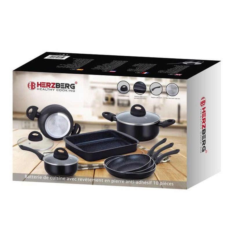 Herzberg 10-delige marmeren gecoate kook- en braadpannenset Zwart - HG-9016BLK