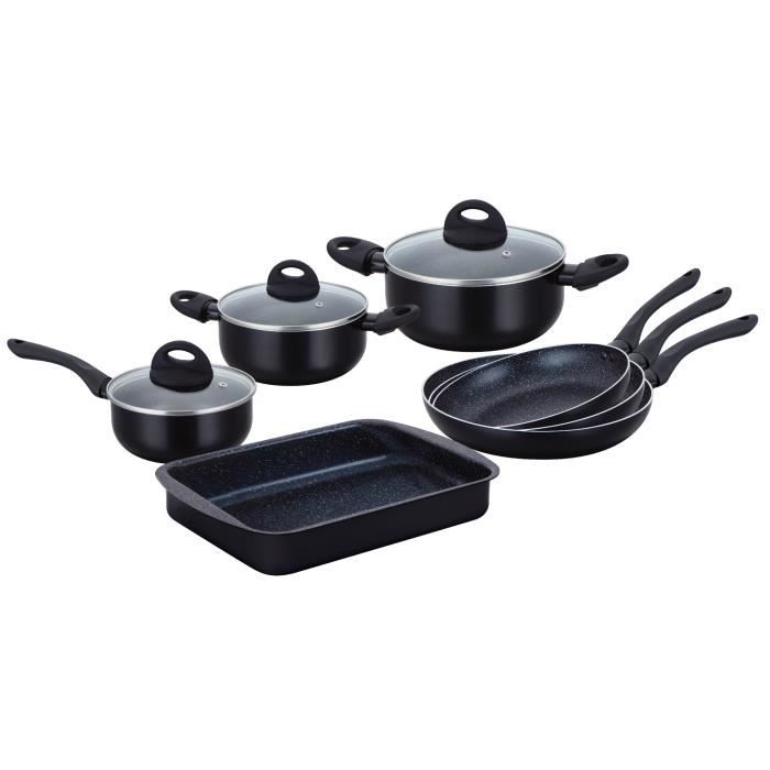 Herzberg 10-delige marmeren gecoate kook- en braadpannenset Zwart - HG-9016BLK