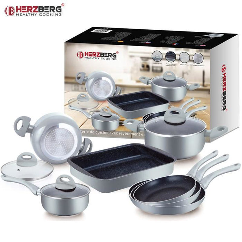 Herzberg 10-delige marmeren gecoate kook- en braadpannenset Zilver - HG-9016SL
